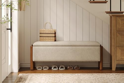 Modern Storage Benches with Walnut Wood Legs, 47'' Ottoman Bench with 20 Gallons Storage Space for Bedroom End of Bed, Fabric Upholstered Entryway Bench with Seating for Livingroom, Beige