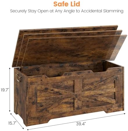 IDEALHOSUE 39.4" Storage Chest, Wooden Storage Bench with Safety Hinge, Retro Blanket Storage Trunk for Entryway, Living Room, Supports 350 lb, Rustic Brown