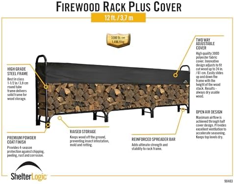 ShelterLogic 12' Adjustable Heavy Duty Outdoor Firewood Rack with Steel Frame Construction and Water-Resistant Cover