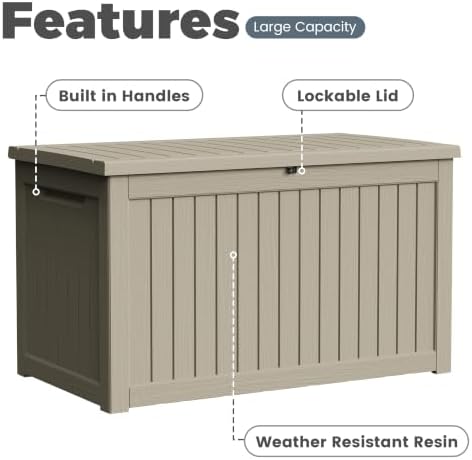 270 Gallon Outdoor Storage Box Waterproof, Lockable Resin Deck Box Large Storage Bin for Patio Furniture Cushion, Garden Tools, Pool Accessories, UV-Resistant Outside Delivery, Gray