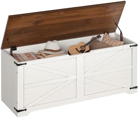 DWVO 47.2" Storage Bench, 2 Safety Hinges, Living Room, White and Walnut