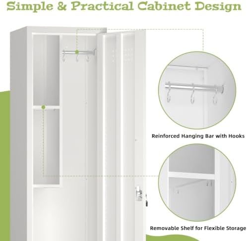 Slim Broom Storage Cabinets, Metal Cabinet with Shelves and Hanging Rod, 15.75" W Utility Storage Cabinet with Locking Door, Slim Cabinet for Small Spaces, Kitchen, Pantry, Office, Shop