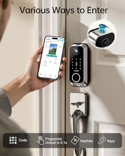 Smart Front Door Lock Sets: 2K HD Camera Lock with Doorbell Kits, Hornbill Fingerprint Keyless Entry Door Lock with Handles, WiFi Deadbolt (only 2.4G) for Remote Control, Auto Lock,Satin Nickel