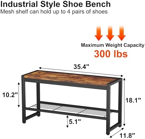 HOMEFORT Shoe Bench, Modern Industrial Shoe Storage Bench, Entryway Bench with Mesh Shelf and Sturdy Metal Frame, Metal Shoe Rack Bench for Hallway, Mudroom, Living Room, Rustic Brown