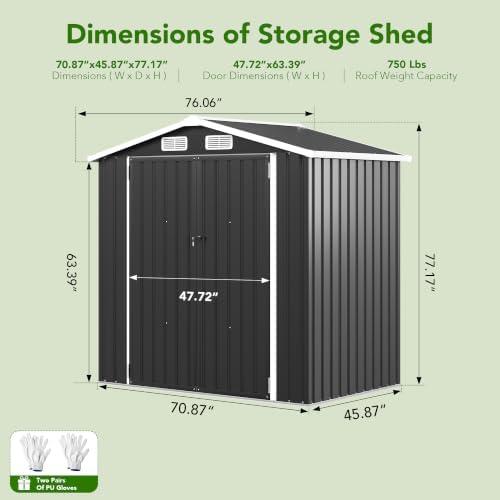 MXV 6x4 FT Outdoor Metal Storage Shed, Lockable Galvanized Steel Tool House with Sloped Roof, Waterproof Shed for Backyard, Garden, Patio, Black