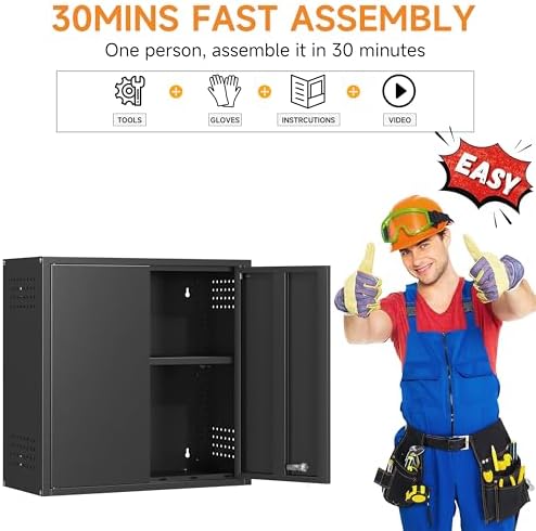Metal Garage Wall Cabinet with 2 Doors and 1 Adjustable Shelf,Lockable Floating Tool Cabinet with Pegboard,Black Steel Storage Cabinet for Kitchen,Office,Garage,Laundry,Warehouse(Black, 26" H)