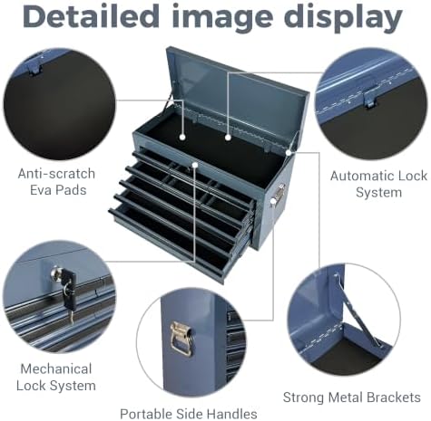 9 Drawers Metal Tool Box, 24" Portable Steel Tool Chest with Key Lock & EVA Liners, Multi-Function Top Storage Tray Toolbox with Powder Coating & Ball Bearing Slides for Garage & Workshop(Grey)
