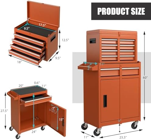 DREAMADE 5-Drawer Tool Chest Combo, Rolling Tool Cabinet w/Detachable Top Tool Box, Adjustable Shelves, Lockable Wheels, Metal Tool Box for Garage, Workshop, Repair Shop Storage (Orange)