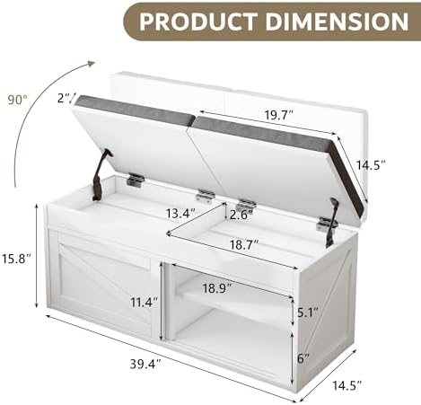 iPormis Shoe Storage Bench,40" Wide 2-Tier Shoe Bench with Padded Seat Cushion and Lift Top Storage,Entryway Bench with Adjustable Shelf,Wooden End of Bed Bench,White