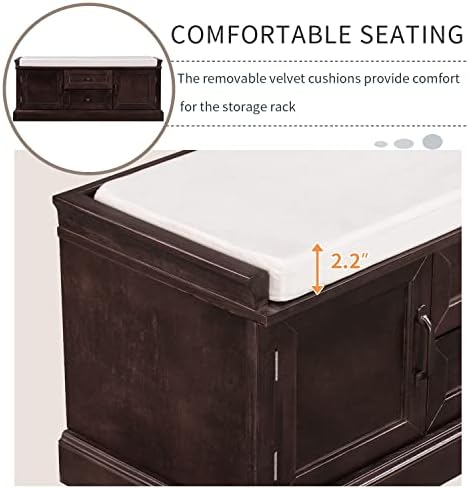 Knocbel 42.5" Storage Bench with Removable Cushion, 2 Drawers and 2 Cabinets, Entryway Hallway Foyer Shoe Bench Bedroom End of Bed Bench (Espresso)