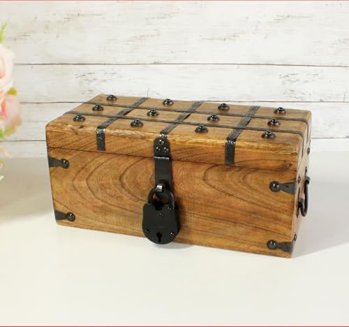 Nautical Cove Treasure Chest Wooden Box with Antique Iron Lock and Skeleton Key (Medium 12.5x6x5.5) - Storage and Decor – Pirate Chest, Decorative Storage Chest with Hinged Lid, Wood Treasure Box