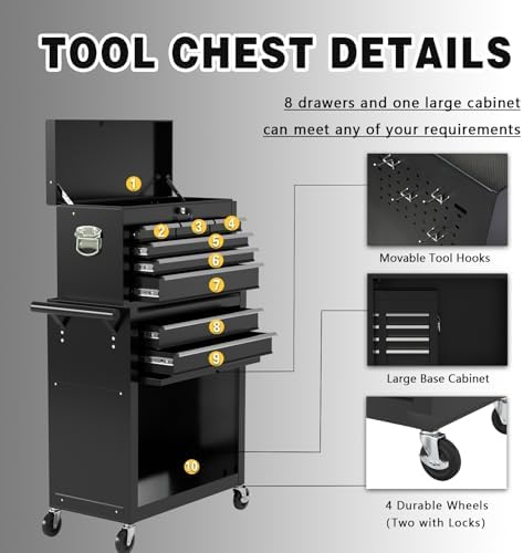8-Drawer Rolling Tool Chest, High Capacity Removable Tool Storage Cabinet, Detachable Toolbox with Lock for Garage Warehouse and Tool Room (Black)