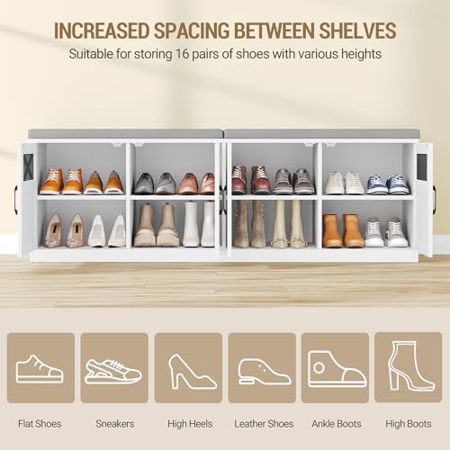 Hzuaneri 59" Shoe Storage Bench with 4 Barn Doors & Padded Seat Cushion