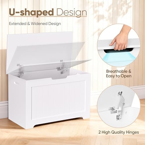 SUPER DEAL Storage Chest, 30 inches Chest Box Organizer with 2 Safety Hinges, Wooden Entryway Storage Bench, White
