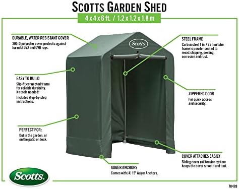 Scotts 4x4x6 FT Pop-Up Outdoor Storage Shed, Portable Water-Resistant Deck & Garden Tent Shelter for Tools, Equipment & Lawn Gear