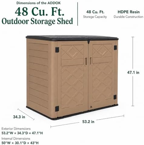 ADDOK Outdoor Storage Cabinet, 48 Cu.Ft Horizontal Resin Storage Shed