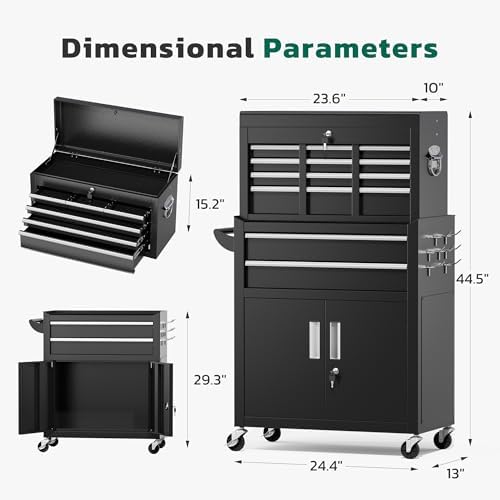 Greenvelly 8-Drawer Tool Chest with Wheels, Pre-Assembled Rolling Tool Chest, Detachable Top Tool Box, Lockable Design, Comes with Drawer Liners & Side Hooks for Garage Workshop Repair Room (Black)