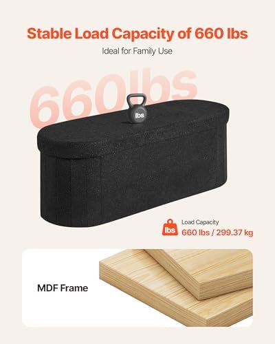 VEVOR Oval Storage Ottoman Bench, Foldable Teddy Fleece End of Bed Bench, Folding Upholstered Bed Ottoman Chest with Large Storage Space, Supports 660 lbs, for Living Room, Bedroom, Entryway, Black