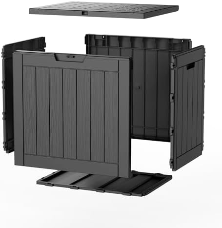 Vixzen Outdoor Storage Deck Box Waterproof Resin Lockable Outside Bench Porch Patio Furniture Pool Float Garden Tool Cushion UV Resistant Bin（40 Gallon, Black）