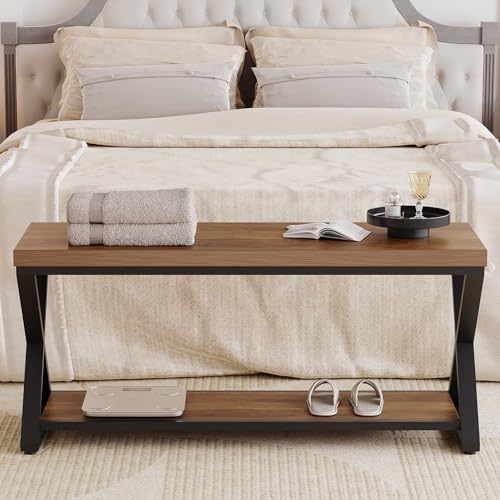 IBF Rustic Entryway Bench with Storage, Rustic Oak Wood and Metal Bench