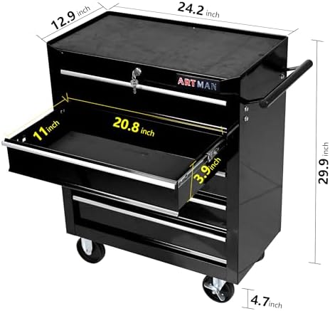 5-Drawer Rolling Tool Chest Cabinet, Large Capacity Metal Tool Box with Wheels and Keyed Locking, Roll Around Storage Organizer Tool Cart for Garage, Warehouse, Work Shop (Black07)
