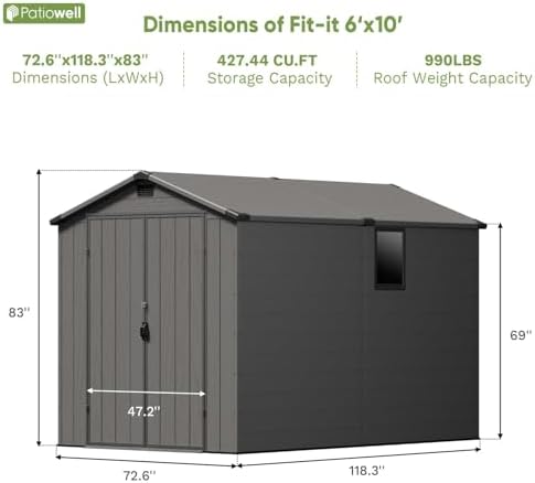 Patiowell 6x10 FT Plastic Outdoor Storage Shed with Floor, Dark Grey