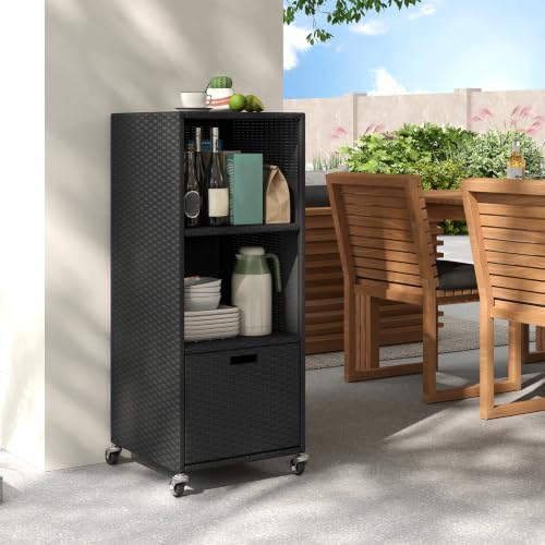 Tangkula Rattan Outdoor Storage Cabinet with 4 Wheels, Black