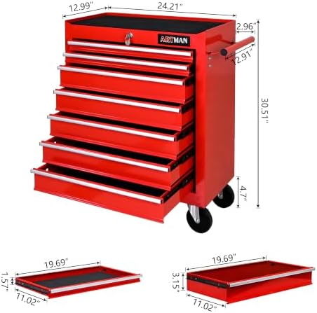 7 Drawers Rolling Tool Chest on Wheels, Multifunctional Tool Cart Tool Storage, Drawers Rolling Tool Trolley Organizer Tool Case for Garage,Warehouse,Workshop,Repair Shop (7 Drawers-Red)