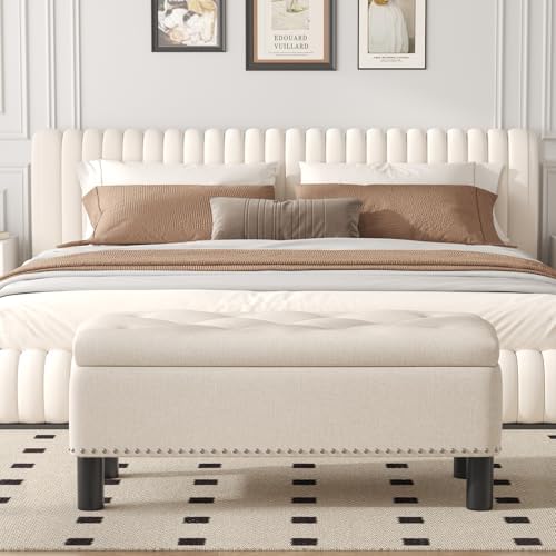 Furniliving Large Storage Ottoman, Beige, Wood Frame, Linen Fabric, 285 Lbs Capacity
