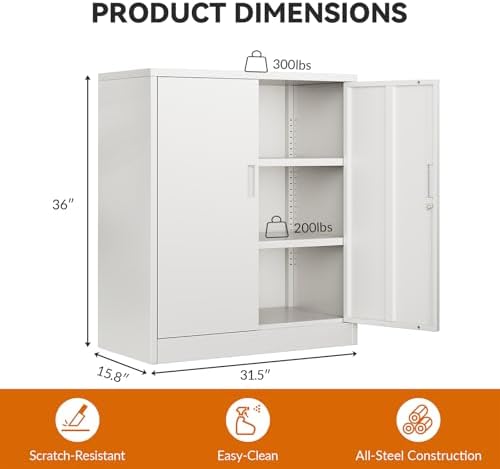 BESFUR Metal Storage Cabinet, Garage Storage Cabinet with 2 Adjustable Shelves, Locking Short Storage Cabinet for Office Garage Home, White Metal Cabinets (36" H x 31.5" W x 16" D)