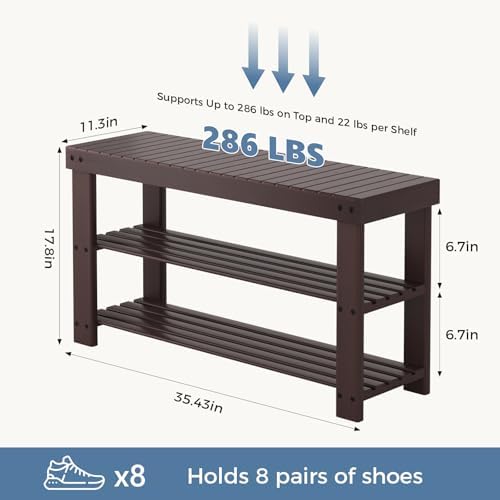 DUMOS Wooden Shoe Rack Bench, 3-Tier Bamboo Entryway Benches with Storage, Holds Up to 286 lb Storage Organizer, Suitable for Bedroom Living Room Balcony, 11.3 x 35.43 x 17.8 Inches, Brown