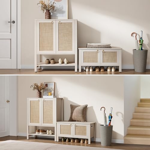 SICOTAS Rattan Storage Bench Boho Storage Chest with 2 Safety Hinges