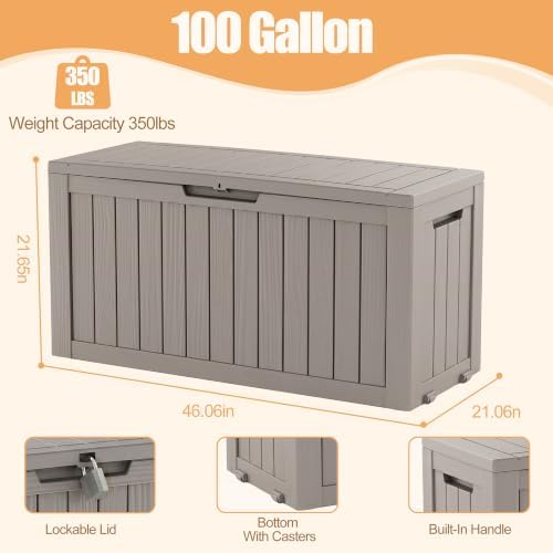 Outdoor Storage Box,Waterproof 100 Gallon Resin Deck Box With Wheels