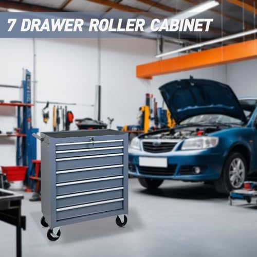 7-Drawer Rolling Tool Cart on Wheels, Drawers Rolling Tool Chest with Lock, Mobile Trolley Organizer Tools Box with Locking Wheels & Ball Bearing Drawers for Garage,Warehouse,Repair Shop (Grey)