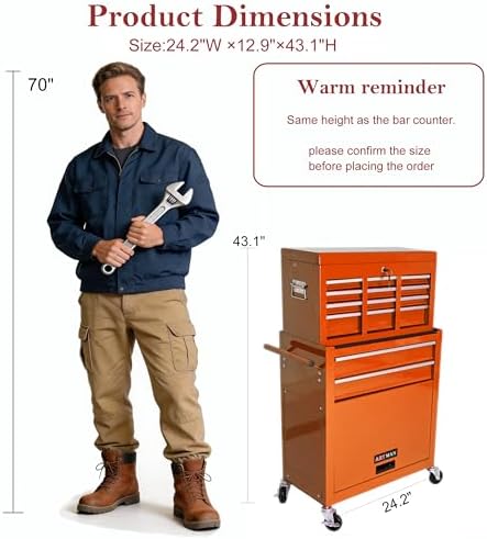 RYH 8 Drawers Rolling Tool Chests (Orange, 8 Drawers /43.1" H × 24.2" W)