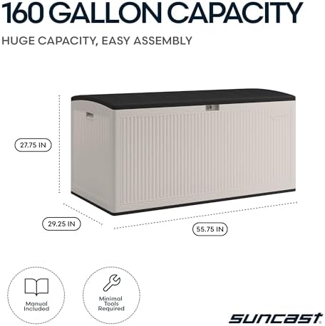 Suncast XL Deck Box, 160 Gal, Resin Reeded, Lockable, Iron Ore, French Gray