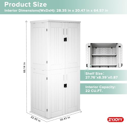 ZYJOYY Outdoor Storage Cabinet with 4 Shelves, 31.5" x 23.23" x 66.22" White Waterproof Resin Vertical Tool Shed, Lockable 30 cu.ft. Storage Shed for Patio, Garden, Yard