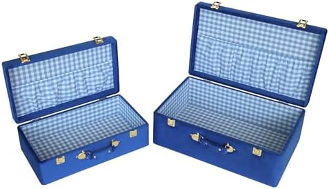 HofferRuffer Velvet Storage Trunks with Wood Frame, Set of 2 Storage Chests with Handles, Bedroom Organizer Nesting Upholstered Decorative Boxes Hinged Lid with Gold Hardware Accents (Blue Trunks)
