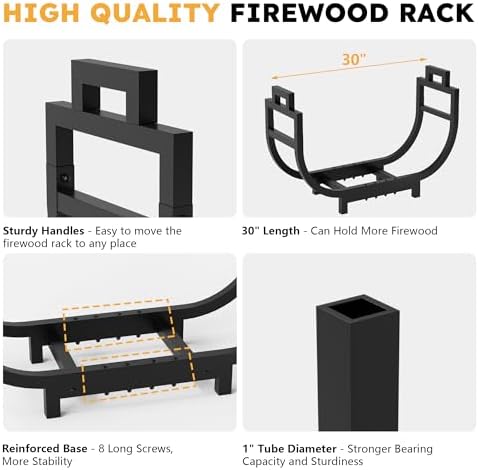 30 Inch Firewood Rack Outdoor Indoor with Handle and Log Carrier Bag, Stable Metal Wood Rack Heavy Duty Log Holder for Fireplace Patio Deck, Rustproof Firewood Storage Organizer Tool, Black