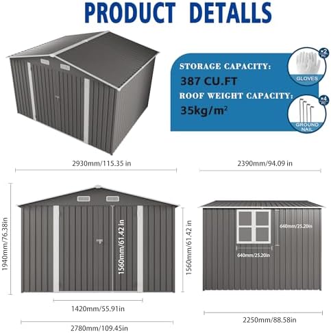 10x8 FT Outdoor Storage Shed, Metal Garden Shed with 4-pane Window, Outside Tool Sheds with Lockable Hinged Doors, Waterproof Storage Building with 4 Air Vents for Backyard, Patio, Lawn, Gray