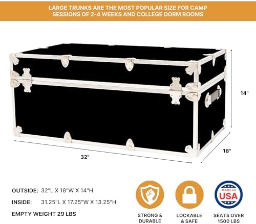 Rhino Trunk & Case Classic Large Trunk With Wheels 32"x18"x14", 1500+ lbs Capacity - Many Colors, Soft-Close Lid. Strong, USA Made Summer Camp Footlocker and Secure College Dorm Storage Chest