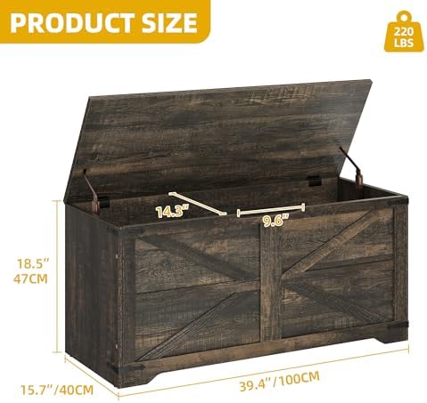 DWVO Wooden Storage Bench, Farmhouse Storage Chest, 39.4"L, Dark Rustic Oak