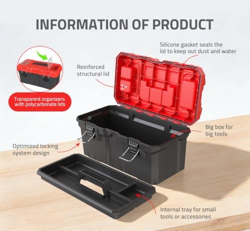 Tools Box, Deep Lockable Toolbox, 21.73 * 10.87 * 10.63" Durable Tool Boxes Storage, with Removable Inner Tray