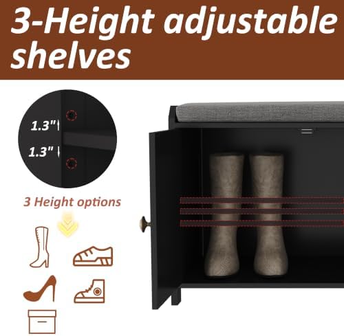 HOMEFORT 48.4" Shoe Storage Bench with Cushion, Entryway Bench with Paddded Seat, 2-Tier Shoe Cabinet Bench with Adjustable Shelves and 4 Doors, Wooden End of Bed Bench, for Bedroom, Hallway, Black