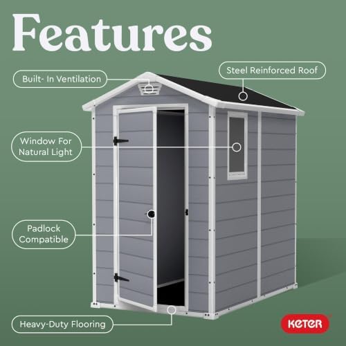 Keter Manor 4x6 Resin Outdoor Storage Shed Kit-Perfect to Store Patio Furniture, Garden Tools Bike Accessories, Beach Chairs and Lawn Mower, Grey & White