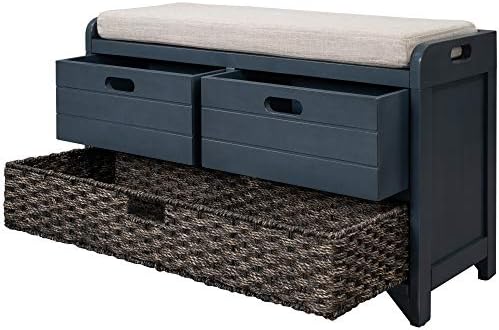 SOFTSEA Storage Bench with Drawers and Basket, Farmhouse Shoe Bench with Seating and Cushion for Hallway Entryway Living Room, Full Assembled, Navy