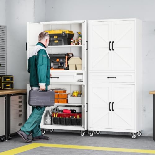 Letaya Metal Garage Storage Cabinets with Wheels,White Rolling Tool Cabinet
