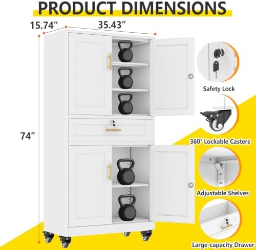 pozdeg 74" White Lockable Rolling Metal Garage Storage Cabinet