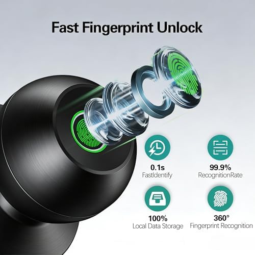 Smart Door Knob, Fingerprint Door Knob, Biometric Smart Door Lock with App Control, Metal Alloy Door Knobs, Easy Installation, Great for Bedrooms, Cloakroom, Apartments Offices, Hotel(Black)
