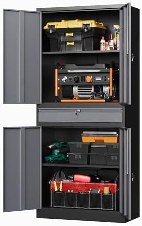 Letaya Metal Garage Storage Cabinet with Drawer,4 Door Tool Cabinet with Lock-2 Adjustable Shelves for Garage Home Office Utility Room (Black & Gray)